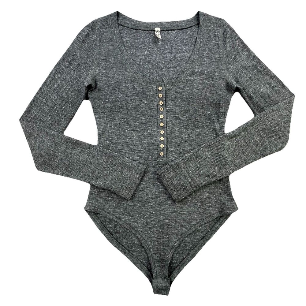 Free People Intimately Bodysuit Womens Small Gray Long Sleeve Henley Buttons